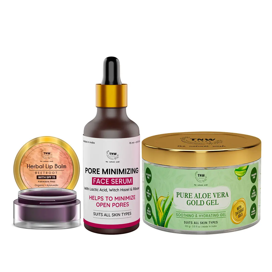 Combo of 3- Aloe Vera Gold Gel 100gm & Beetroot Lip Balm 5gm & Pore Minimizing Face Serum 15ml