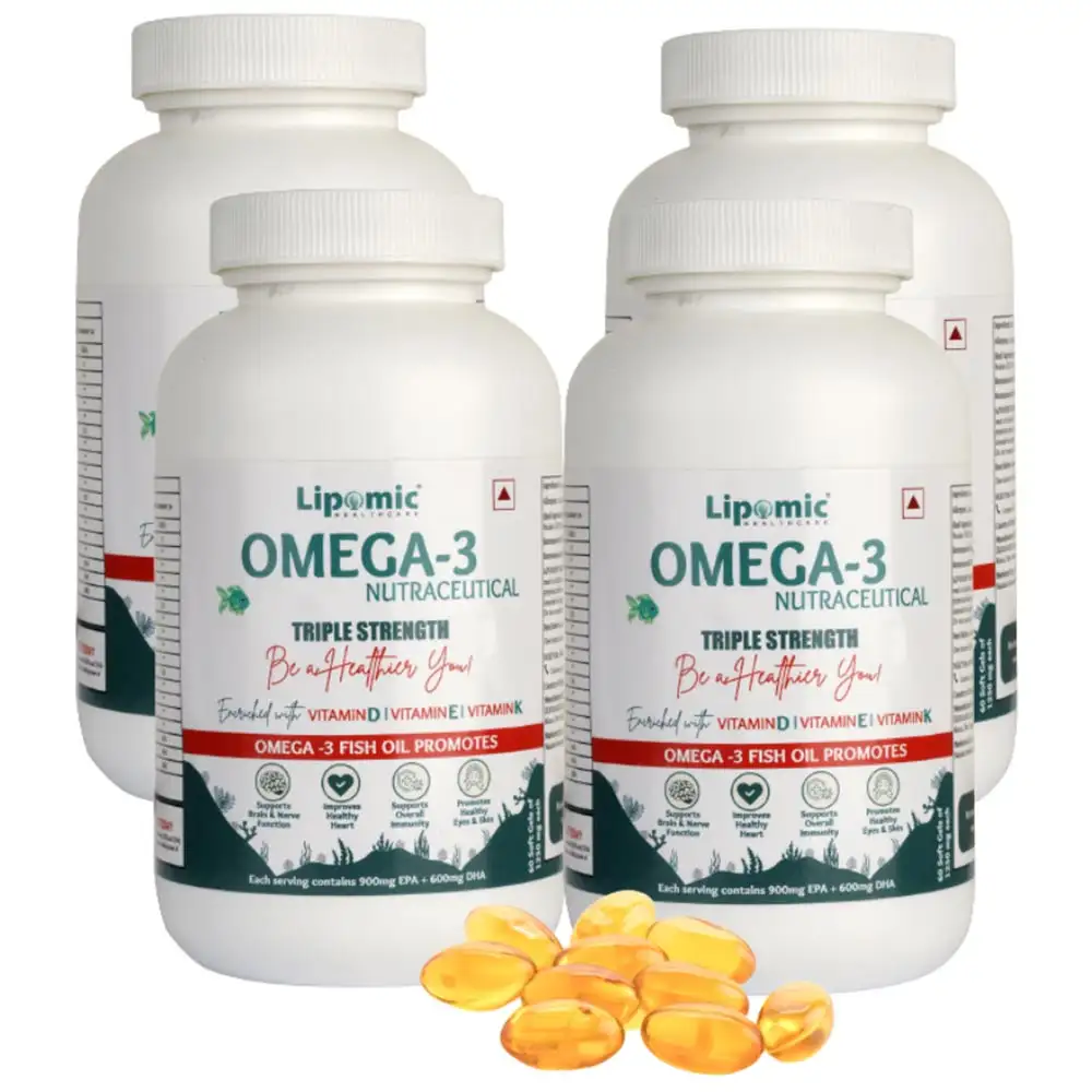 Lipomic Healthcare Omega-3 Fish Oil 1500mg Triple Strength (Pack of 4),  60 softgels