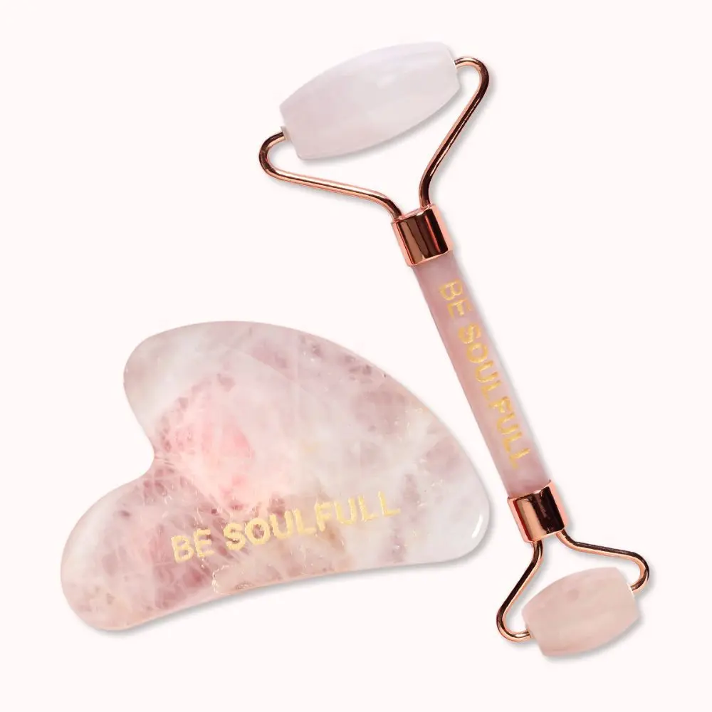 Be Soulfull Rose Quartz Face Sculpting Kit | Natural Pink Stone Gua Sha & Face Roller | Improves blood circulation, skin texture & reduces fine lines | 2 face massaging tools- For both men & women