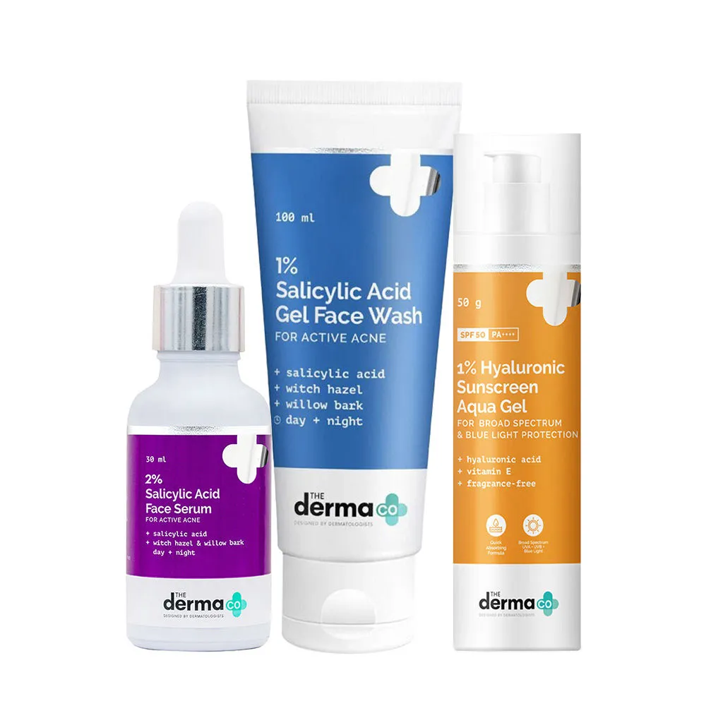 The Derma Co 2% Salicylic Acid Face Serum, 1% Salicylic Acid Gel Face Wash & 1% Hyaluronic Sunscreen