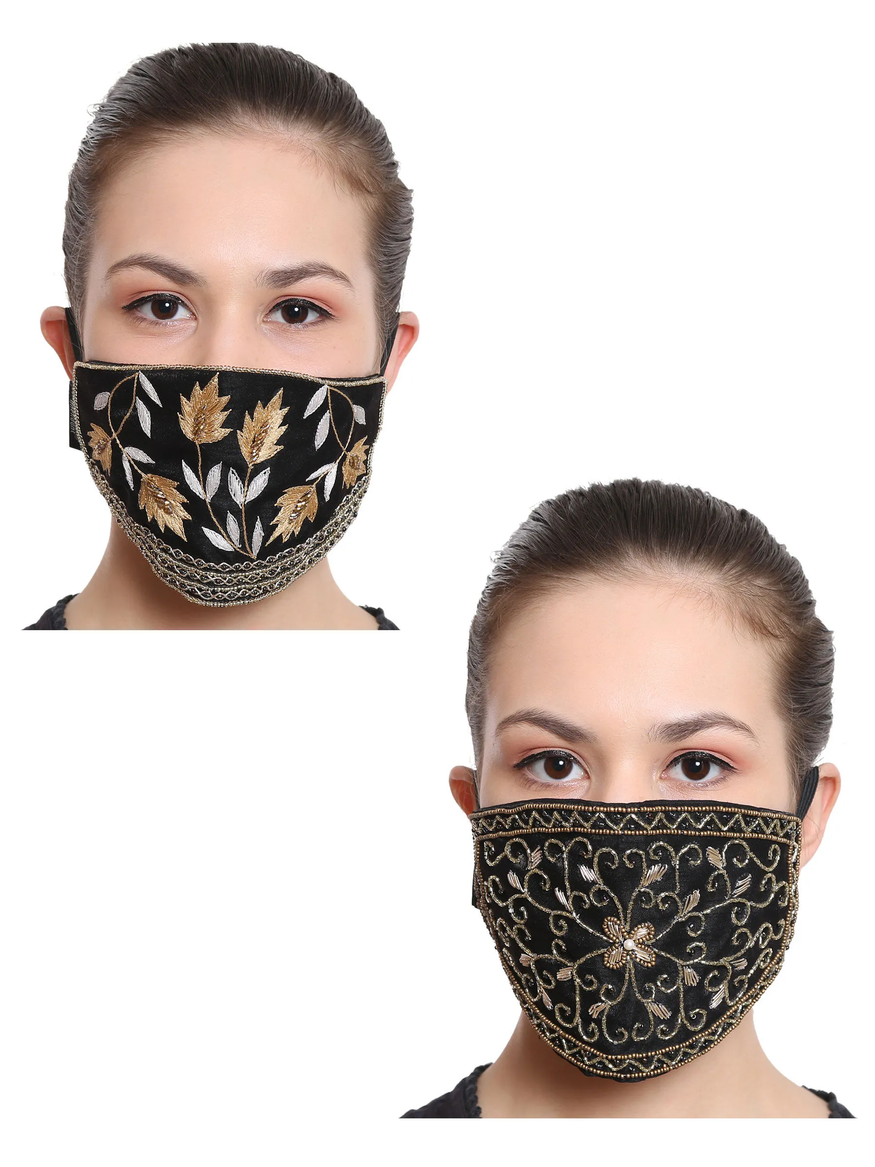 Anekaant Black & Multi 3-Ply Reusable Art Silk Embroidered Fabric Fashion Mask (Pack Of 2)