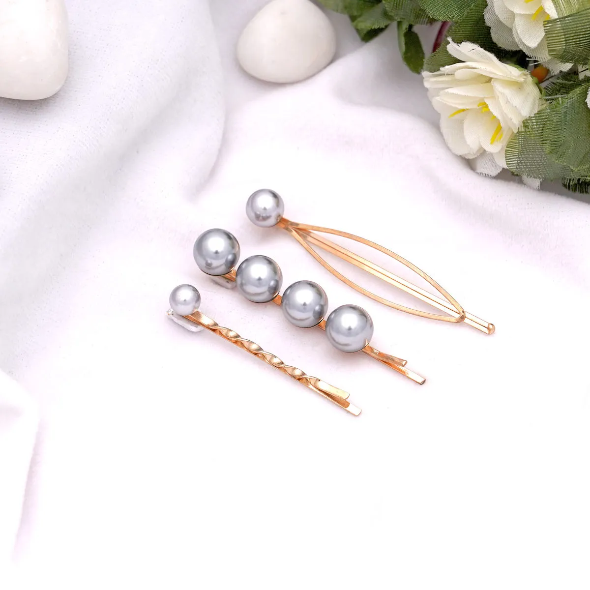 Ferosh Grey Pearl Hairpins - Set Of 3