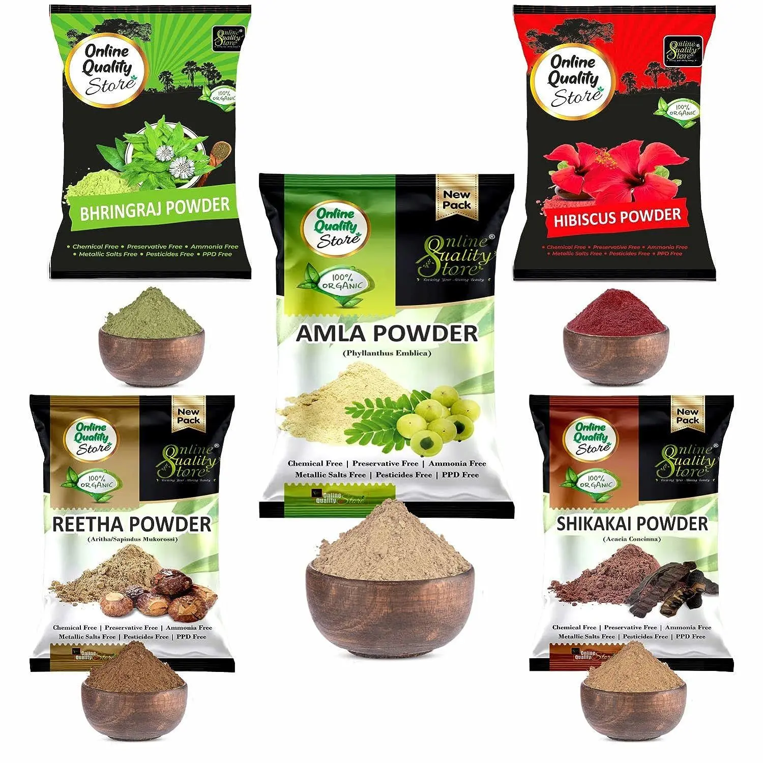 Online Quality Store Amla Reetha Shikakai Bhringraj and Hibiscus Powder for Hair |hair pack powder combo |hair care products |natural products for hair(Pack of 5 , 900g Pack){hib_ala_rt_sika_bri_900}