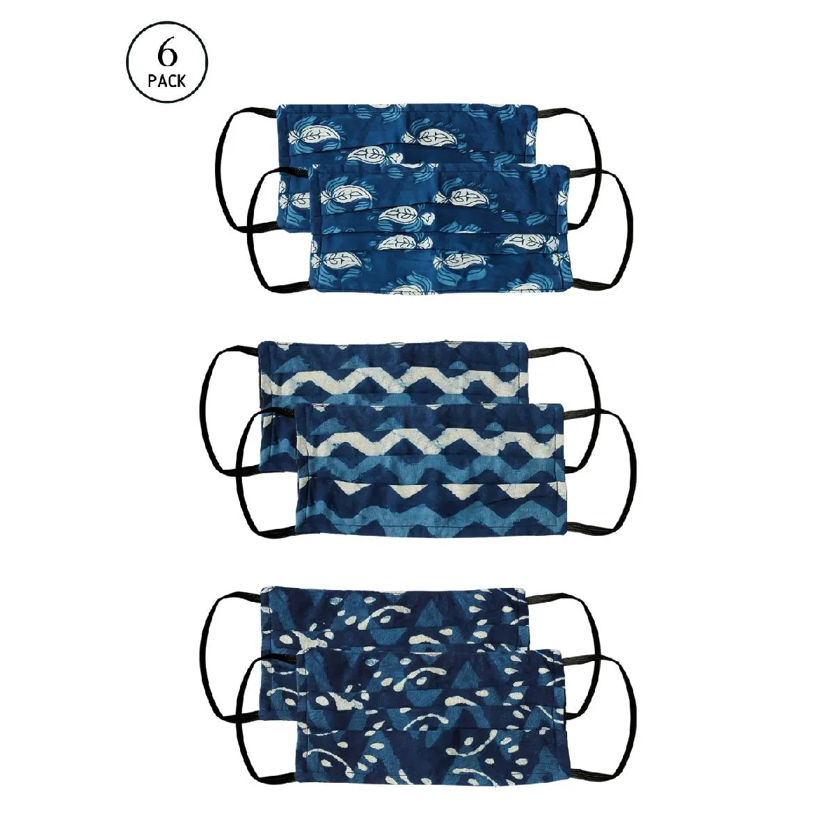 Bellofox 3-Ply Blue Indigo Paisley- Indigo Zigzag & Indigo Leaf Cotton Face Mask (Pack Of 6)