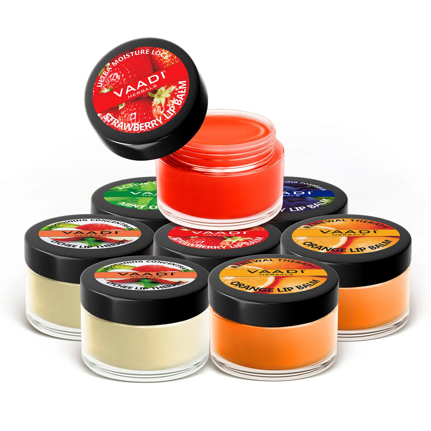 Vaadi Herbals Assorted Pack of 8 Lip Balms (2 Strawberry, 2 Orange, 2 Lychee, 1 Mint and 1 Blueberry)(10 g x 8)