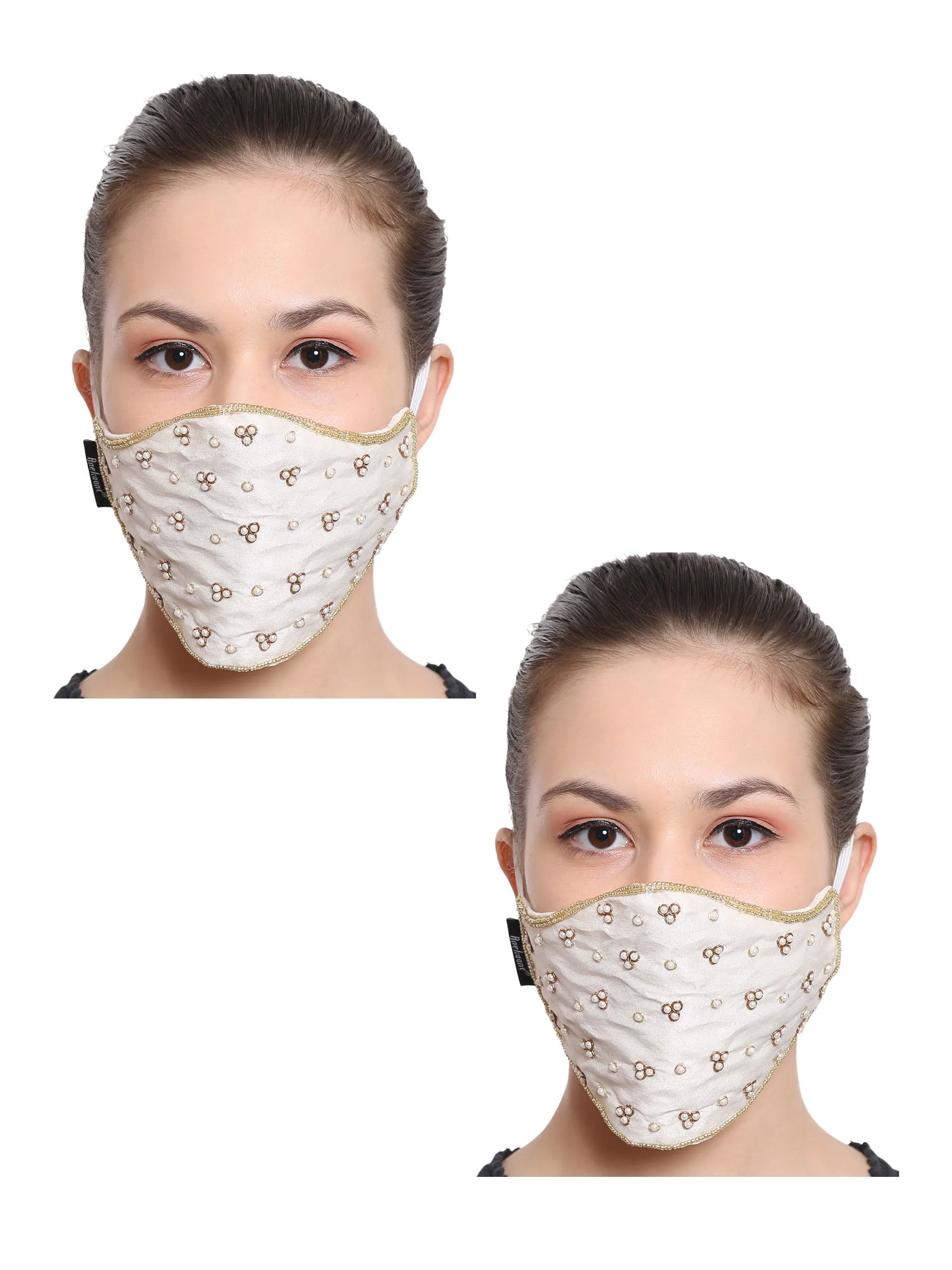 Anekaant White & Gold 3-Ply Reusable Art Silk Embellished Fabric Fashion Mask (Pack Of 2)