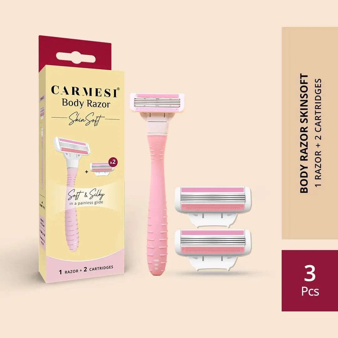 Carmesi Body Razor SkinSoft - 1 Razor & 2 Cartridges | Aloe Vera & Vitamin C Moisture Strip For Smooth & Painless Hair Removal | Soft & Silky Skin | Safe, Hygienic, & Economical