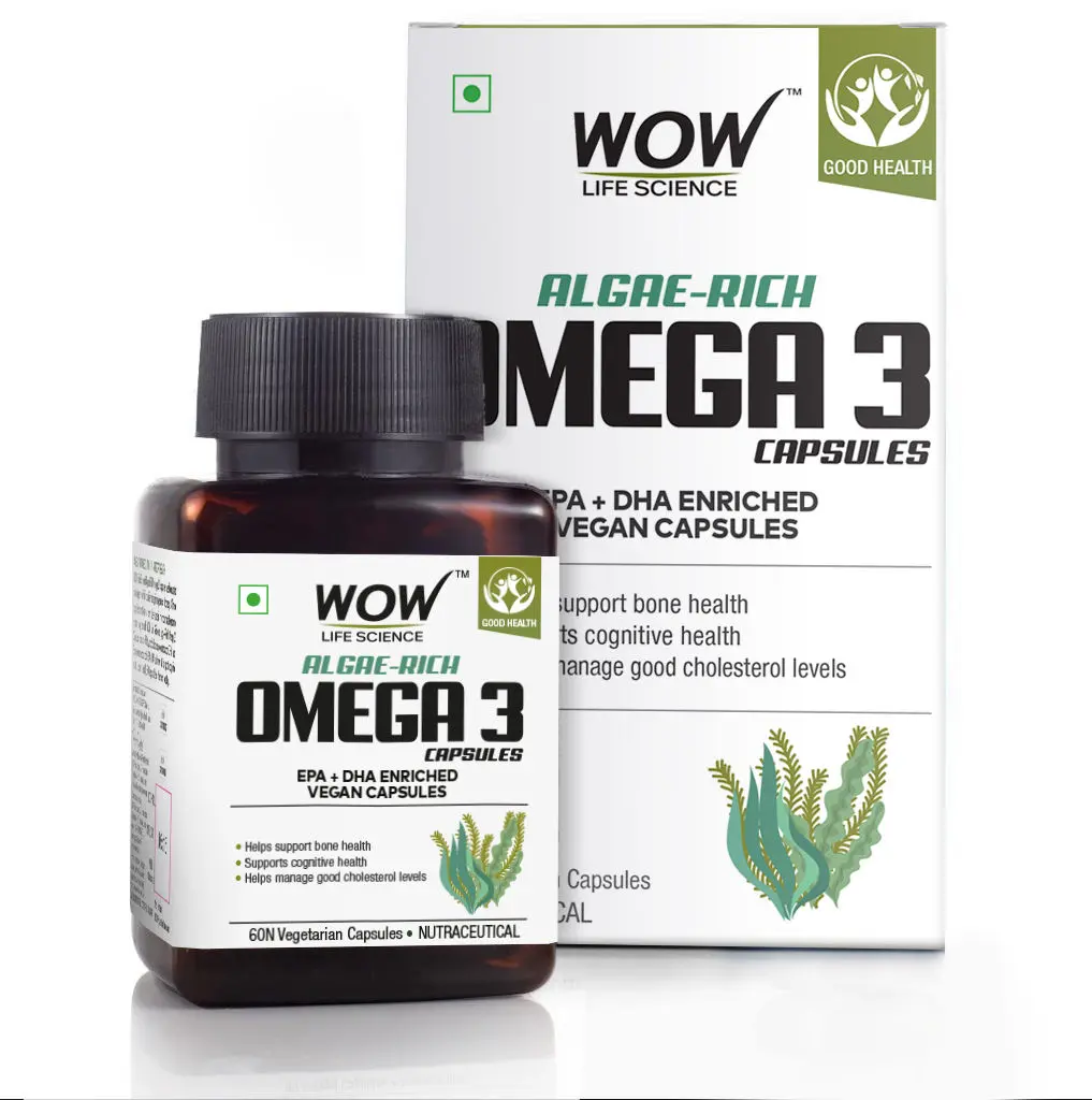 WOW Life Science Algae Based Omega 3 Capsules - EPA + DHA Enriched Vegan Capsules - 60 Vegetarian Capsules