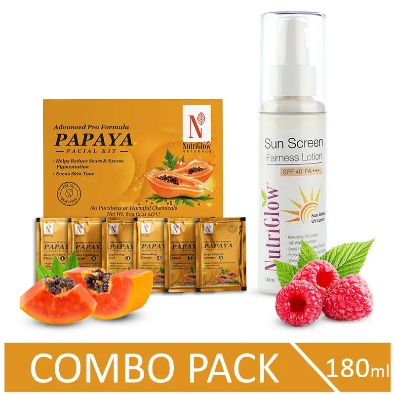 NutriGlow NATURAL'S Advanced Pro Formula Papaya Facial Kit (60 gm) & Sunscreen SPF 40 (120 ml) For Detoxification To the Core