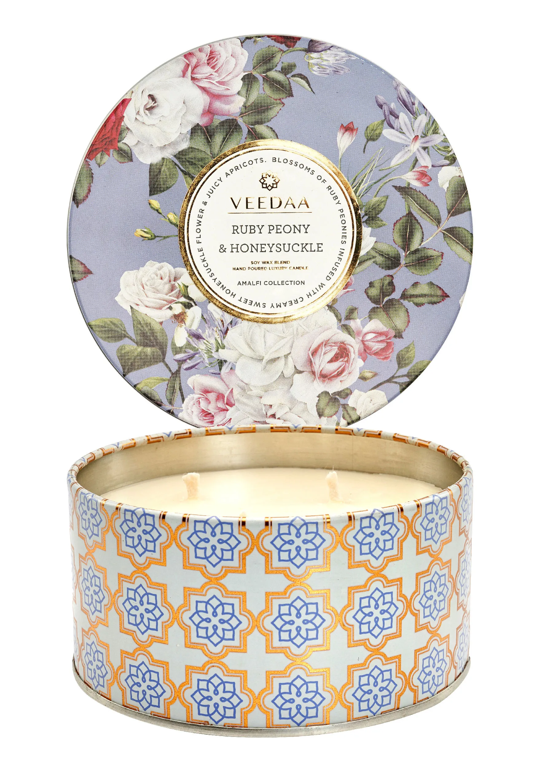 Veedaa Ruby Peony & Honeysuckle 3 Wick Tin Scented Candle