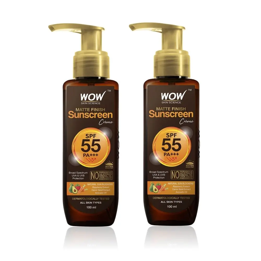 WOW Skin Science Sunscreen Matte Finish - SPF 55 PA+++ - Very High Broad Spectrum - UVA &UVB Protection - Quick Absorb - No Parabens, Silicones, Mineral Oil, Oxide, Color & Benzophenone - 100mL (Pack of 2)