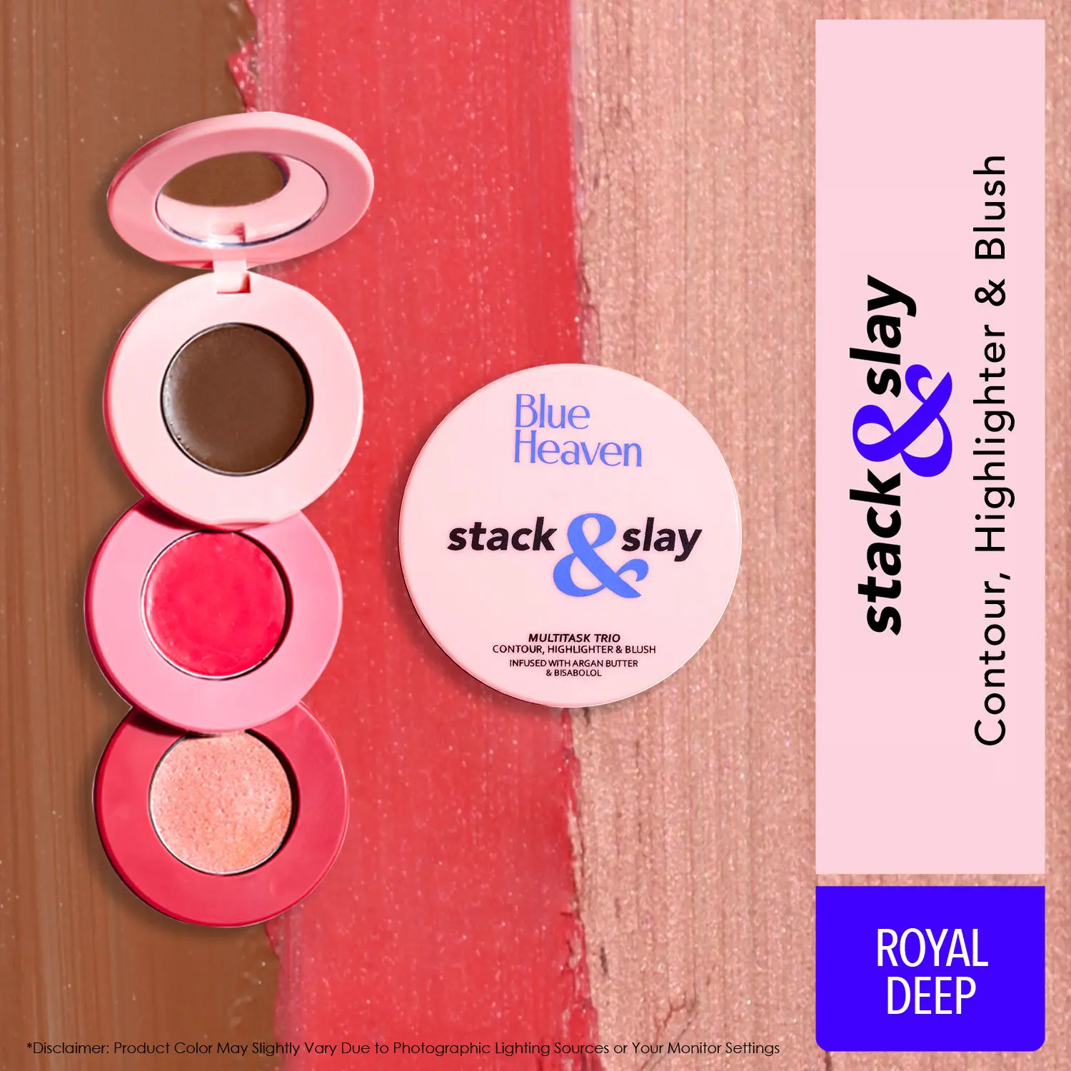 Blue Heaven Stack & Slay Multitask Trio - Contour + Blush + Highlighter for face makeup, 3 in 1 set, Royal Deep, 5.4g