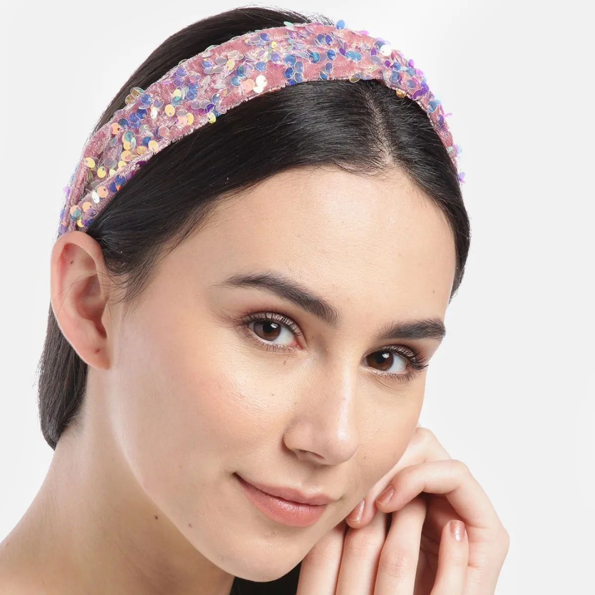 Blueberry Multi Sequin Embellished Pink Velvet Hair Band