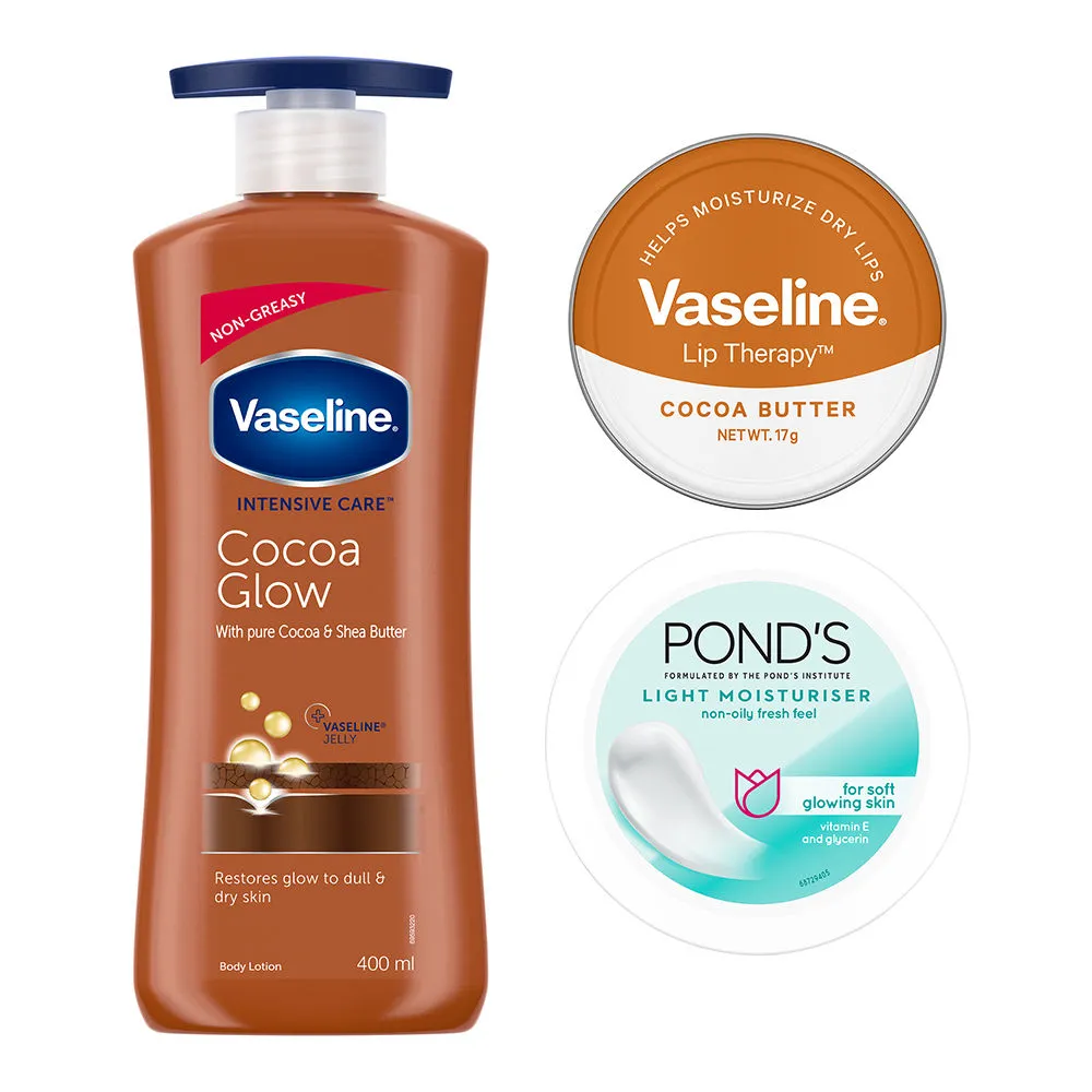 Vaseline Cocoa Glow Lotion With Cocoa Lip Tin& Ponds Light Moisturiser