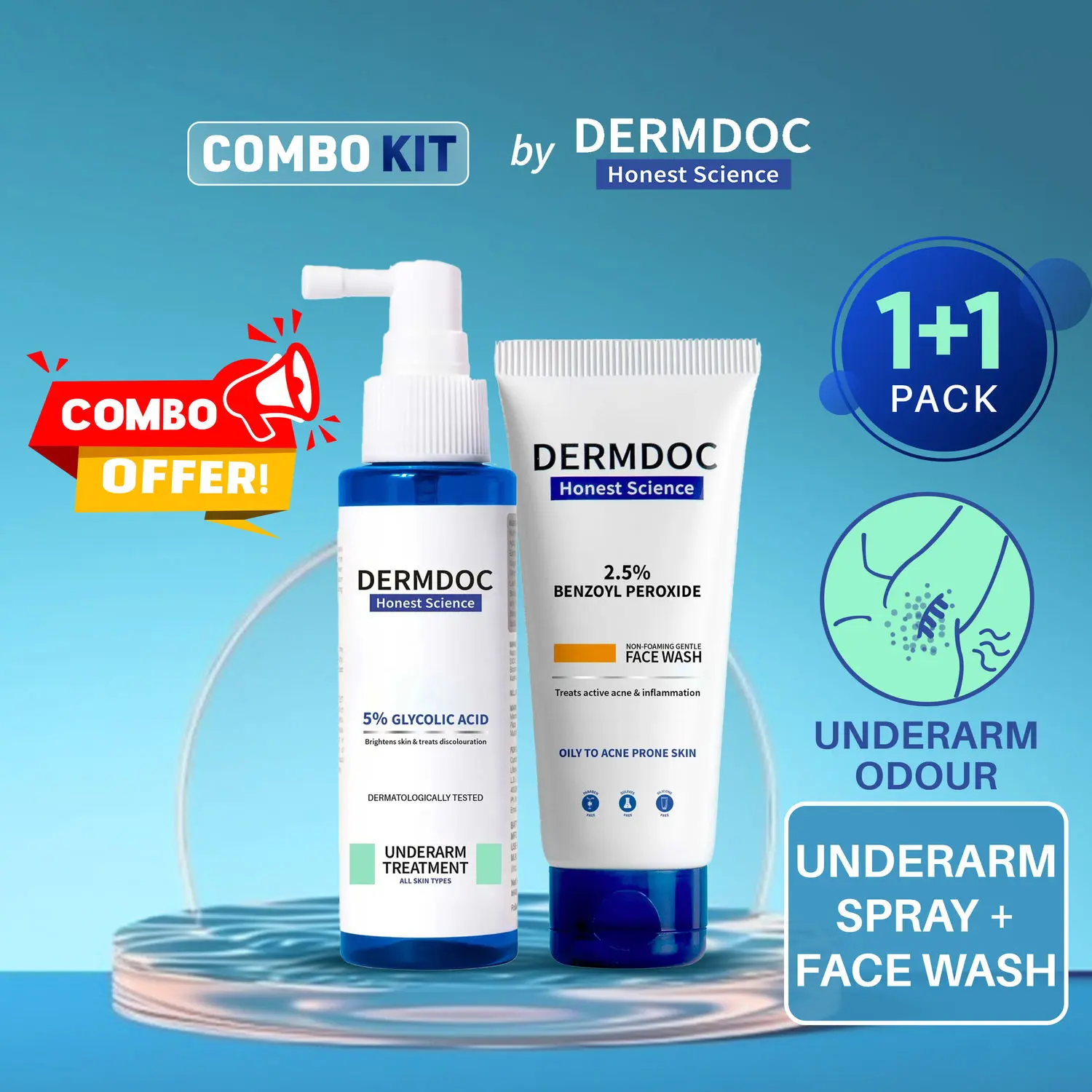 DERMDOC Combo Kit for Underarm Odour Control | glycolic acid underarm treatment | benzoyl peroxide face wash | face wash for oily, acne prone skin | underarm spray for brightening | body odour