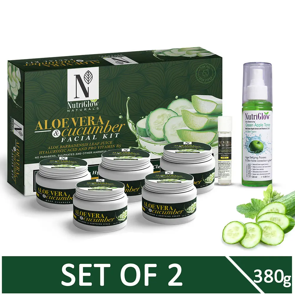 NutriGlow NATURAL'S Aloe Vera & Cucumber Facial Kit (260 gm) & Green Apple Toner (120 ml) For Skin Tone Correction