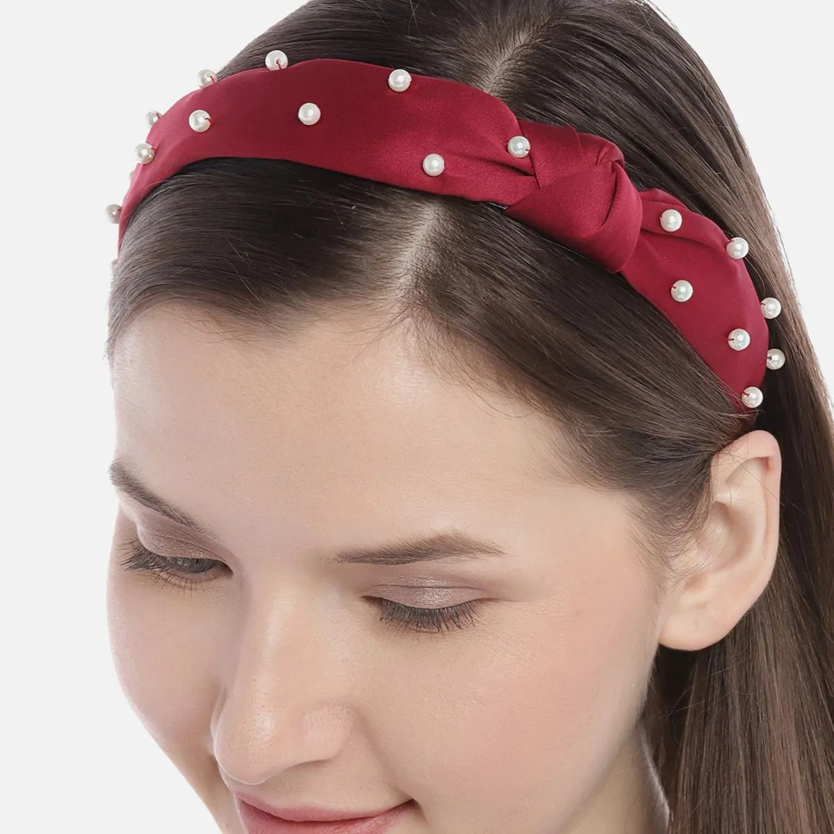 Blueberry Maroon Satin With Pearl Embellishment Knot Hairband