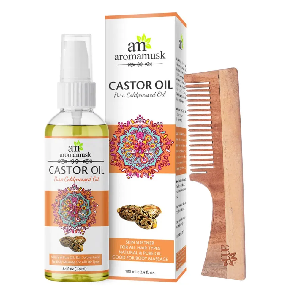 AromaMusk Cold Pressed Castor Oil & Neem Wood Comb with Handle