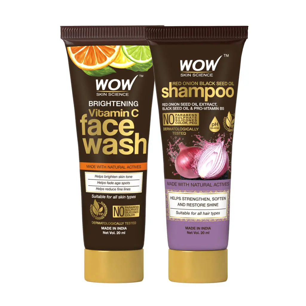 WOW SKIN SCIENCE VITAMIN C FACEWASH TUBE 20ML + WOW SKIN SCIENCE ONION SHAMPOO 20ML