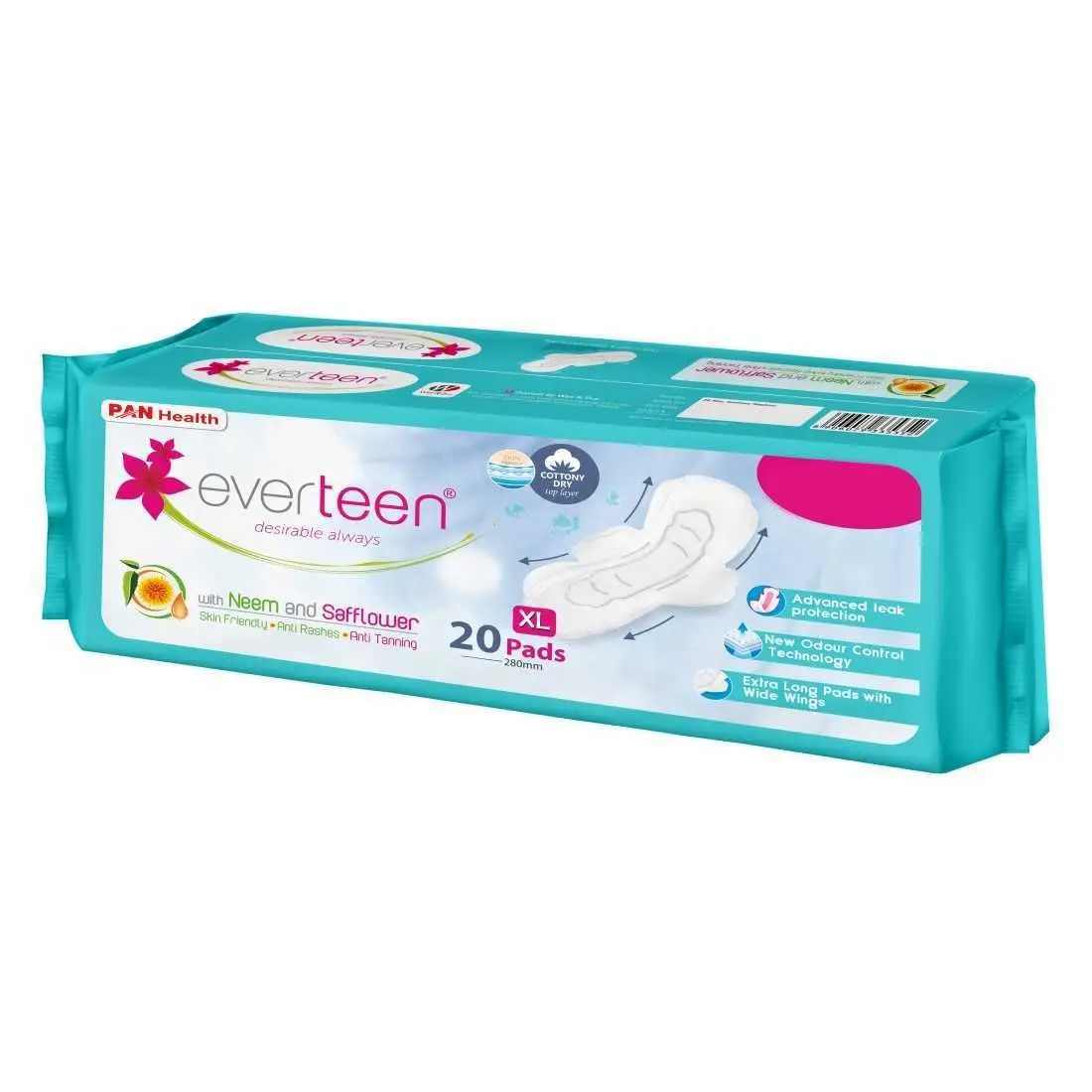 everteen XL Sanitary Napkin Pads with Neem and Safflower, Cottony-Dry Top Layer for Women - 1 Pack (20 Pads, 280 mm)