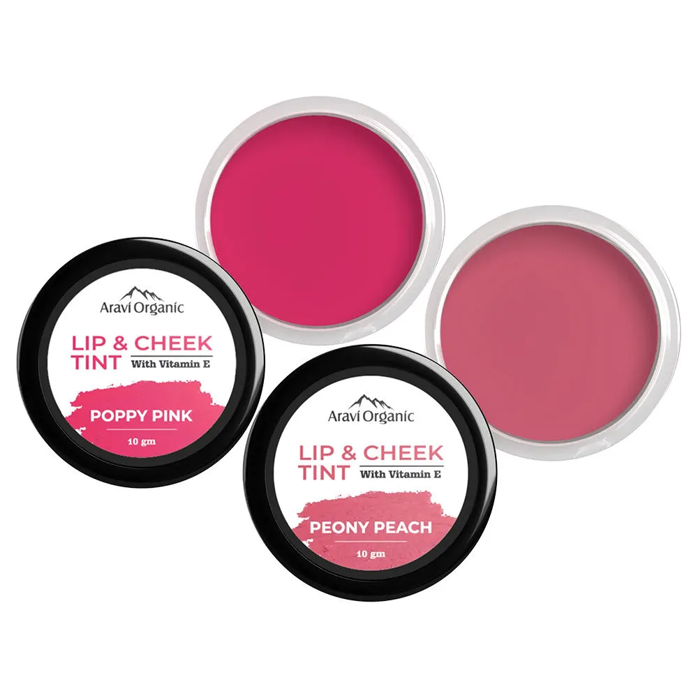 Aravi Organic Everyday Vegan Lip And Cheek Tint Balm Lip Tint Combo - (Poppy Pink & Peony Peach)