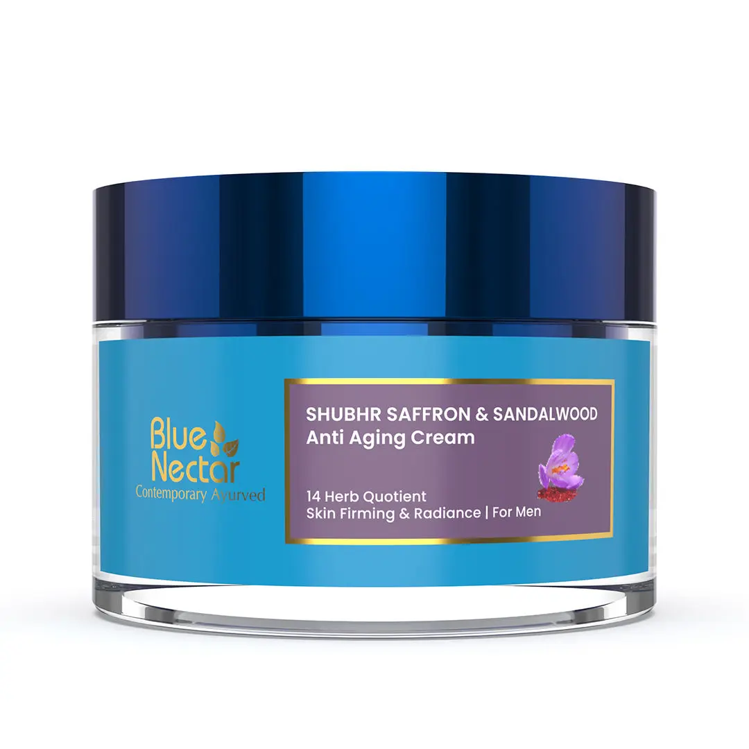 Blue Nectar Anti Aging Day and Night Brightening Face Cream for Wrinkles with Pure Saffron Sandalwood. No Parabens, Mineral Oil (Men, 14 Herbs, 50 g)