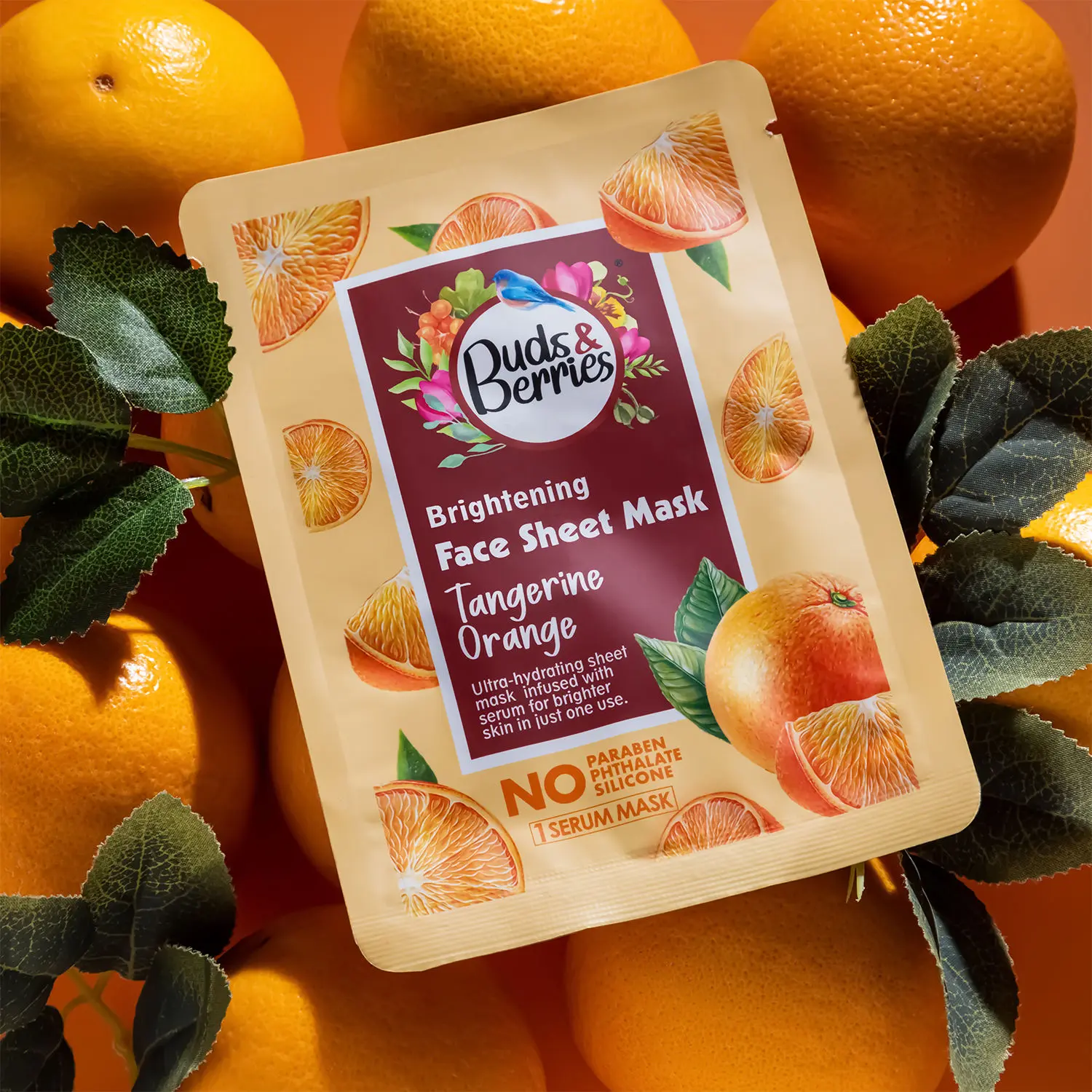 Buds & Berries Brightening Face Sheet Mask with Tangerine Orange | Ultra-hydrating Sheet Mask infused with Serum | No Paraben, No Sulphate, No Silicone - 25 gm