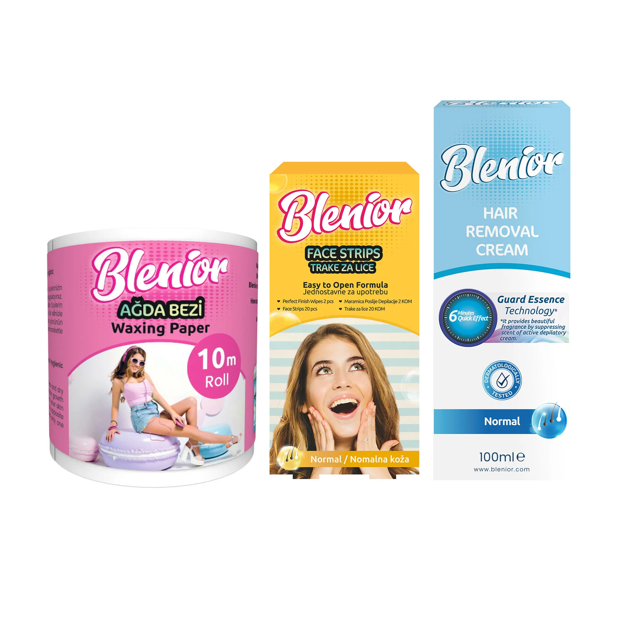 Blenior Waxing Paper 10m Roll + Face Strip + Hair Removal Cream - Normal Skin