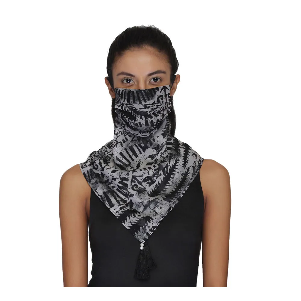 Anekaant 3-Ply Reusable Black & White Polyester Printed Tesselled Scarf Style Fashion Mask