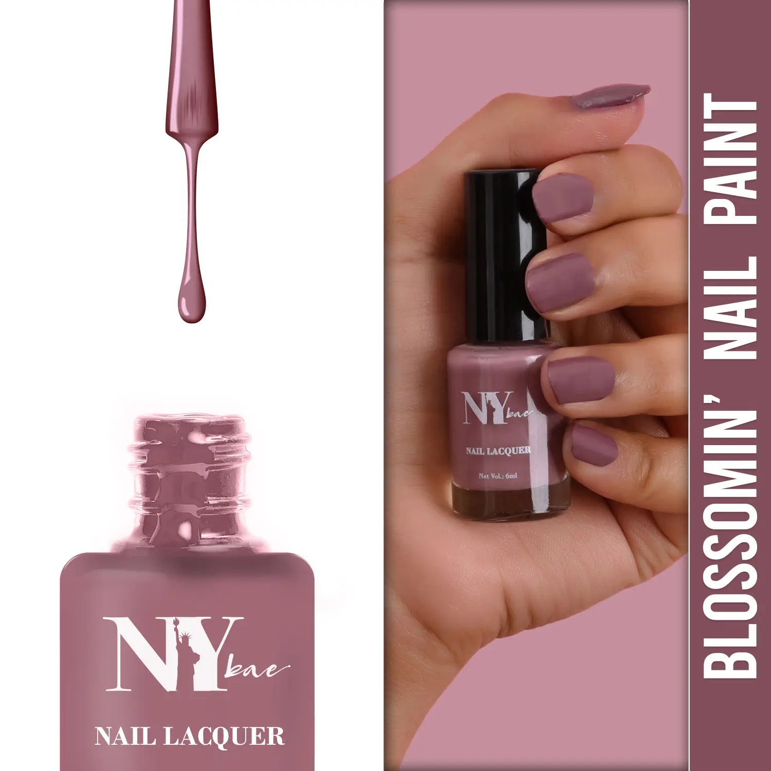 NY Bae Blossomin' Nail Lacquer - Mauve Magic 5 (6 ml) | Mauve | Glossy Finish | Rich Pigment | High Shine | Chip Resistant | Long lasting | Streak-free Application | Cruelty Free