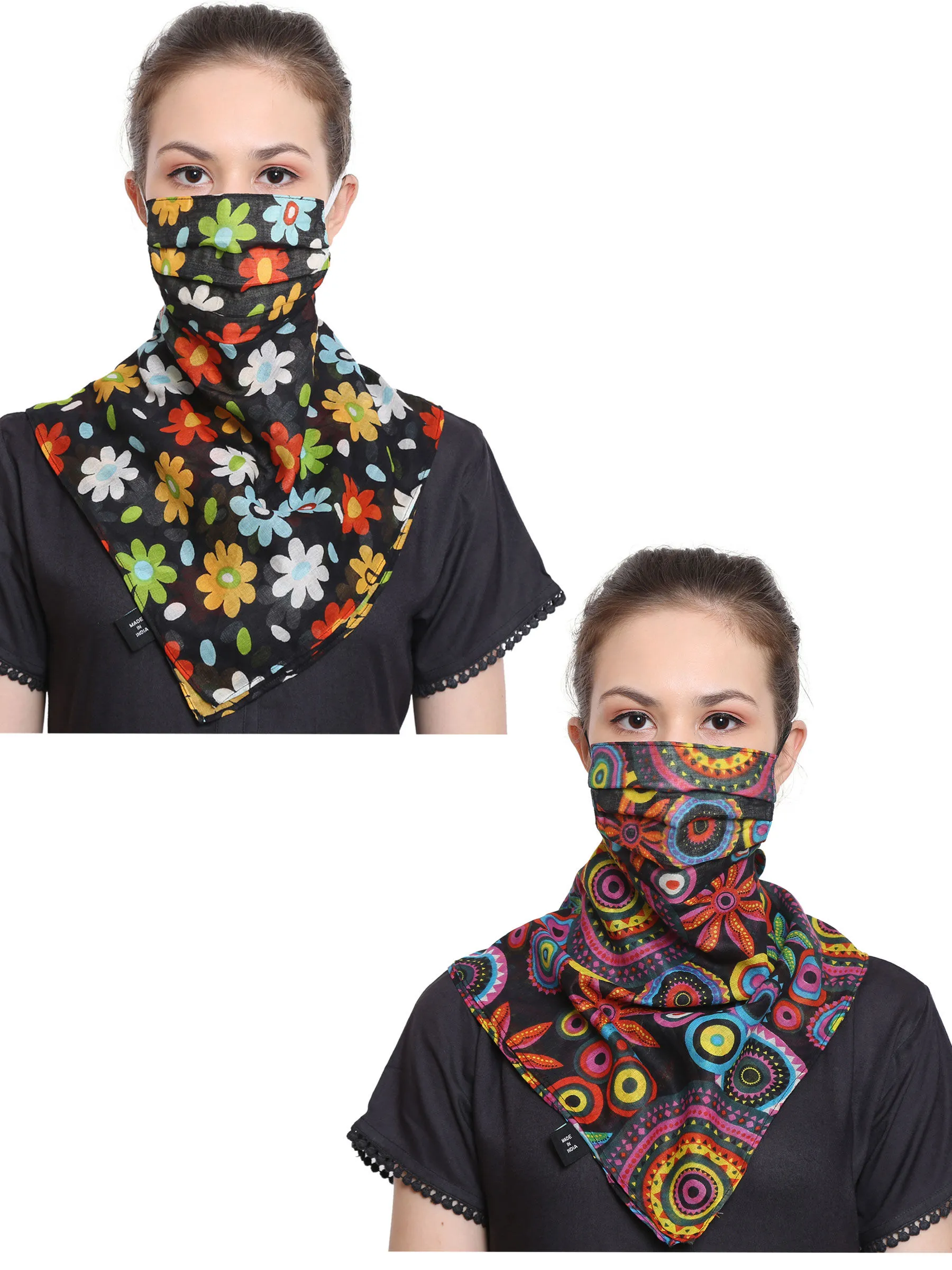 Anekaant Black & Multi 3-Ply Reusable Printed Cotton Scarf Style Fashion Mask (Pack Of 2)