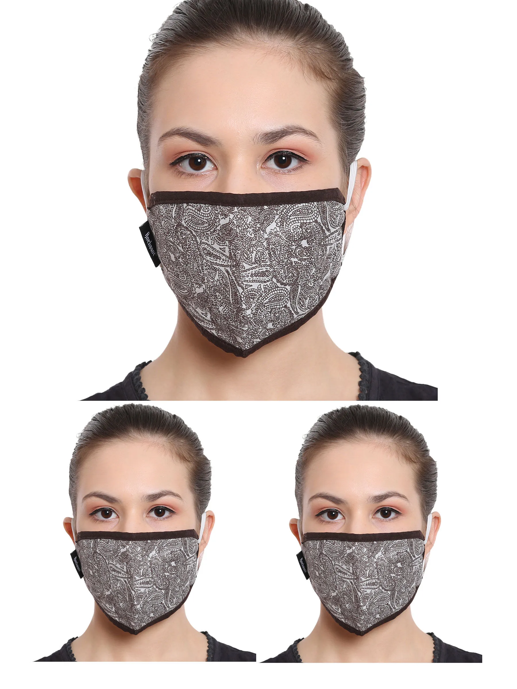 Anekaant Brown & White 3-Ply Reusable Poly Cotton Printed Fabric Fashion Mask (Pack Of 3)