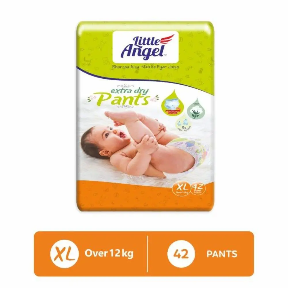 Little Angel Extra Dry Baby Pants Diaper, Extra Large (XL) Size, 42 Count, Super Absorbent Core Up to 12 Hrs. Protection, Soft Elastic Waist Grip & Wetness Indicator, Pack of 1, Over 12kg