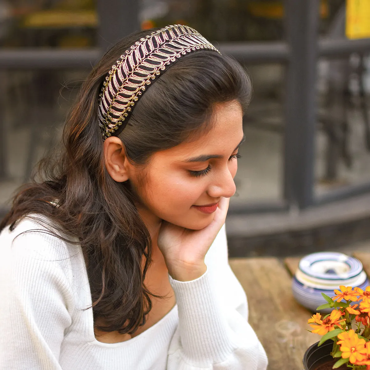 Toniq Black & Gold-Toned Embroidered Hairband For Women