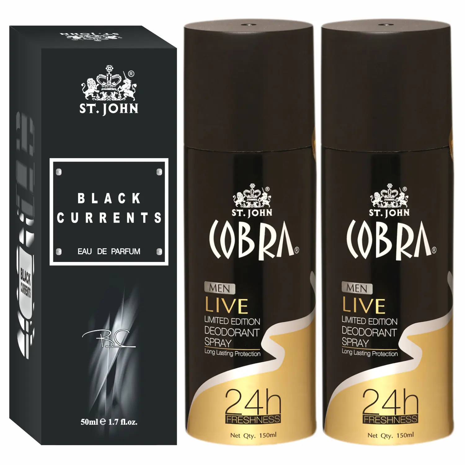 ST-JOHN Cobra Deodrant Live150ml Pack of 2 & Black Current 50ml Perfume Combo Gift Pack Perfume Body Spray - For Men & Women (350 ml, Pack of 3)