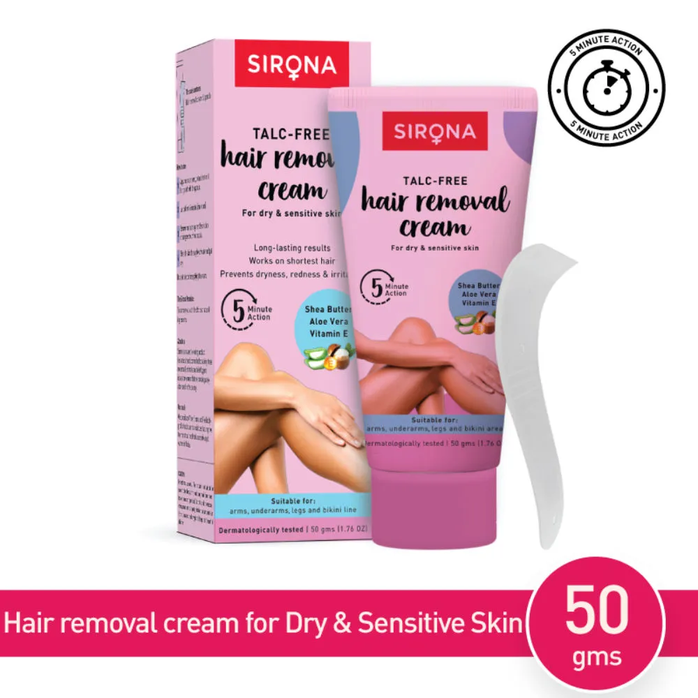 Sirona Talc Free Hair Removal Cream for Dry & Sensitive Skin with Aloevera, Vitamin E & Shea Butter