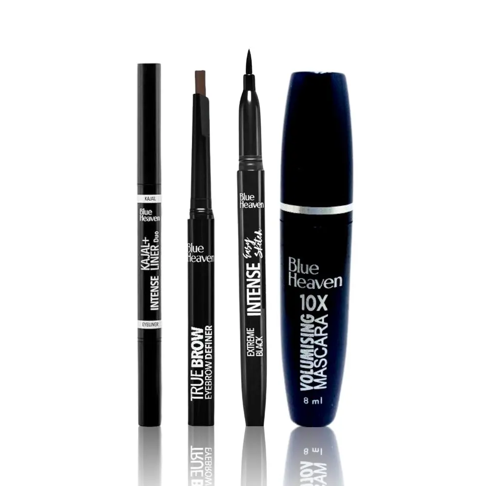 Blue Heaven Get Bold Eye Combo (10x Volumising Mascara - Black (8ml) + Jet Black Stay Kajal (0.30g) + Intense Eyeliner - Exteme Black (1ml) + Eye Brow Definer - Brown (0.30g))