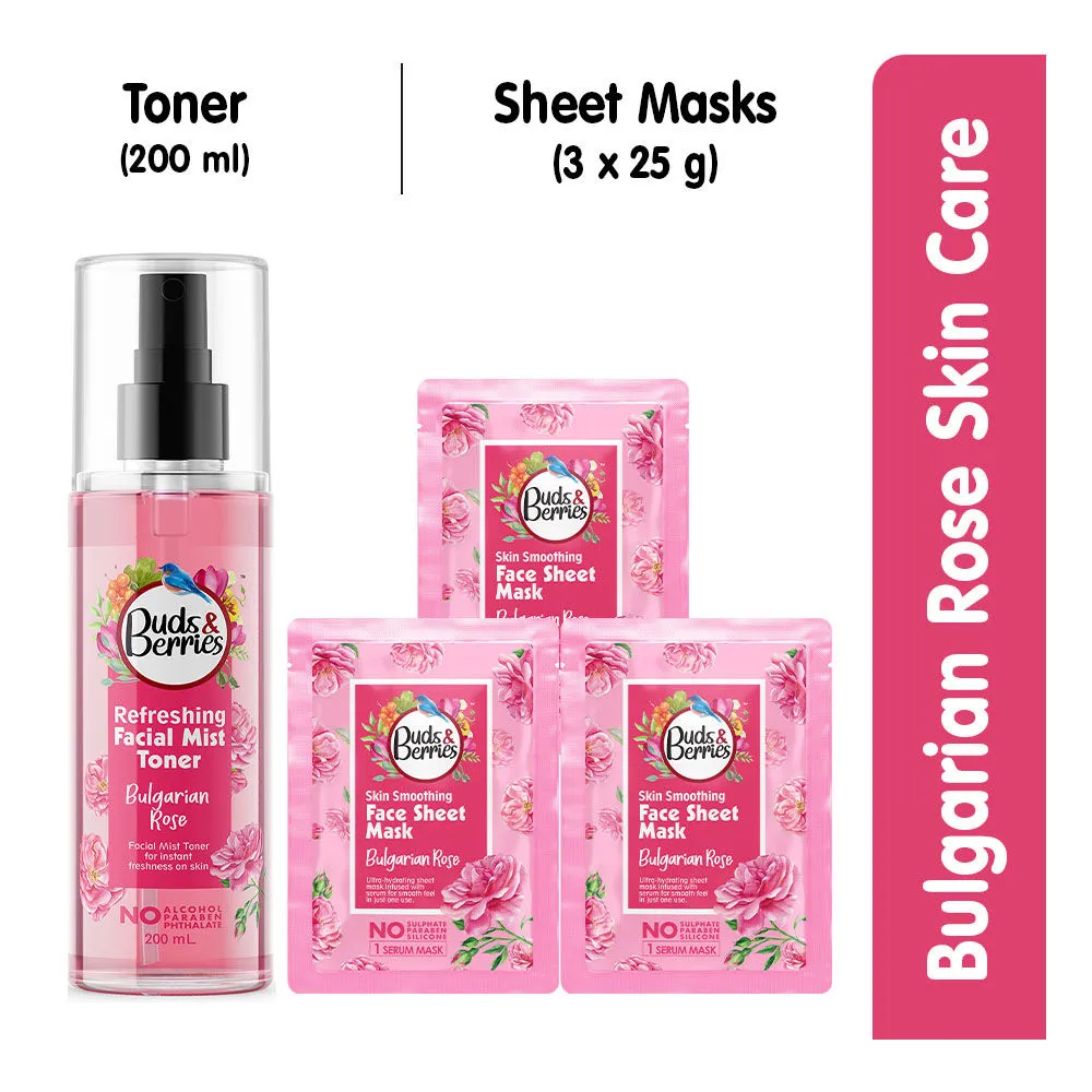 Buds & Berries Skin Smoothing Face Care Bulgarian Rose Face Toner + Facial Sheet Mask (Pack of 4)