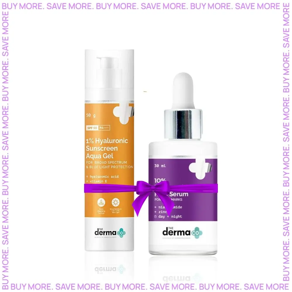 The Derma co. 10% Niacinamide Face Serum for Acne Marks + The Derma Co.1% Hyaluronic Sunscreen Aqua Ultra Light Gel with SPF 50 PA++++ For Broad Spectrum UV A UV B & Blue Light Protection - 50g