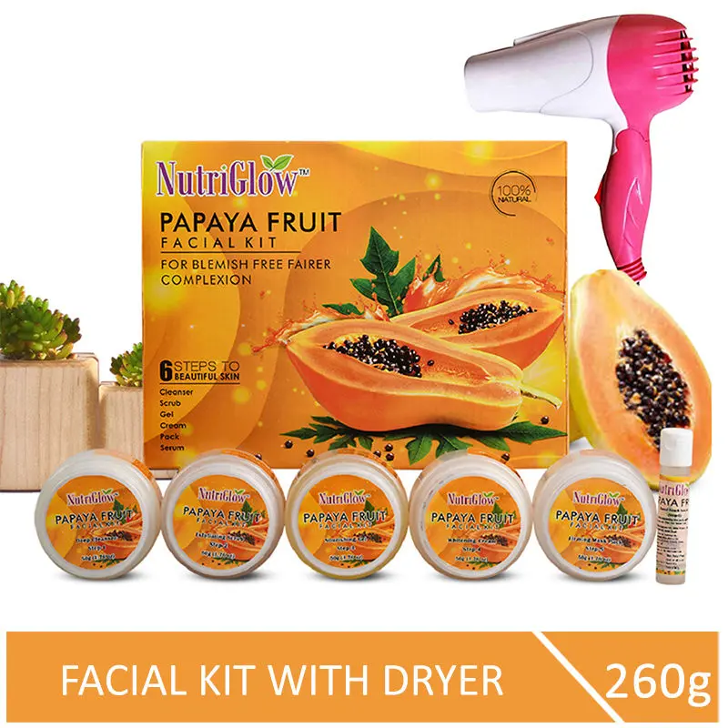 NutriGlow Papaya Fruit Facial Kit For Blemish Free Fairer Complexion (260 gm) With Pink Hair Dryer