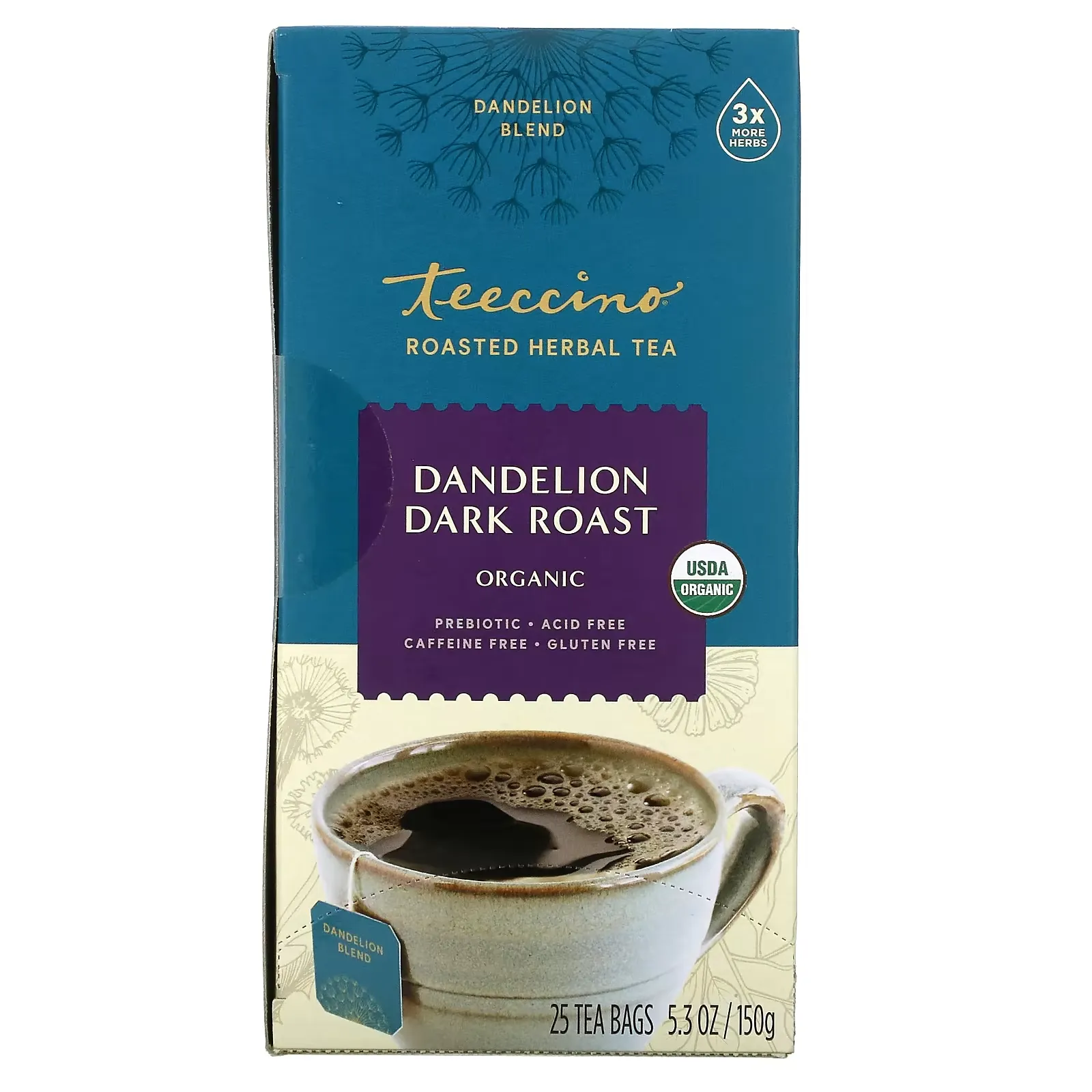 Organic Roasted Herbal Tea, Dandelion Dark Roast, Caffeine Free, 25 Tea Bags, 5.3 oz (150 g)