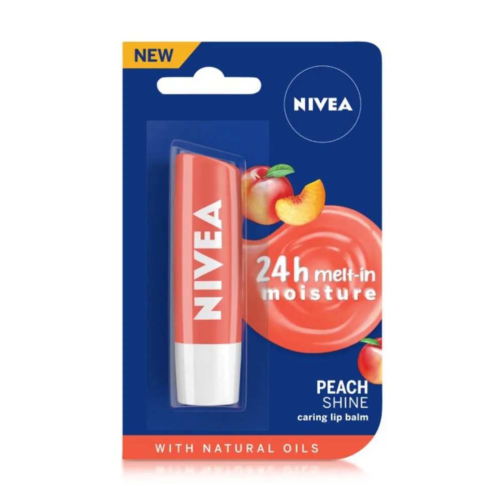 NIVEA Lip Balm, Peach Shine, 24h Moisture with Natural Oils, Coral Pink Shine & Peach Aroma