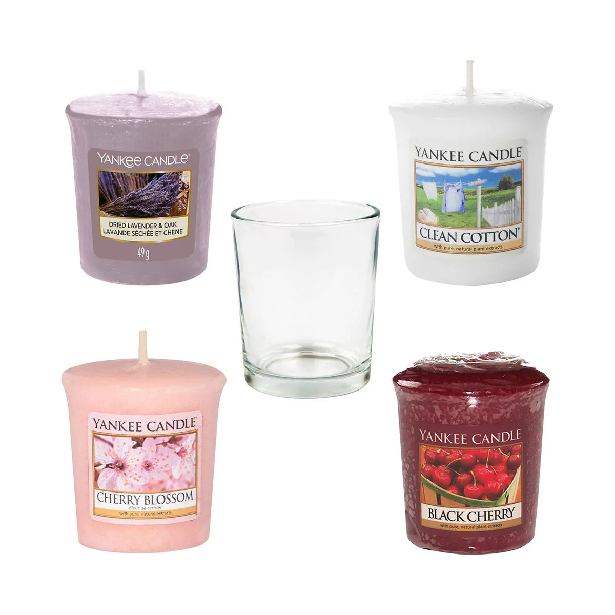 Yankee Candle Classic Votive Scented Candles and a clear votive holder - Pk of 4