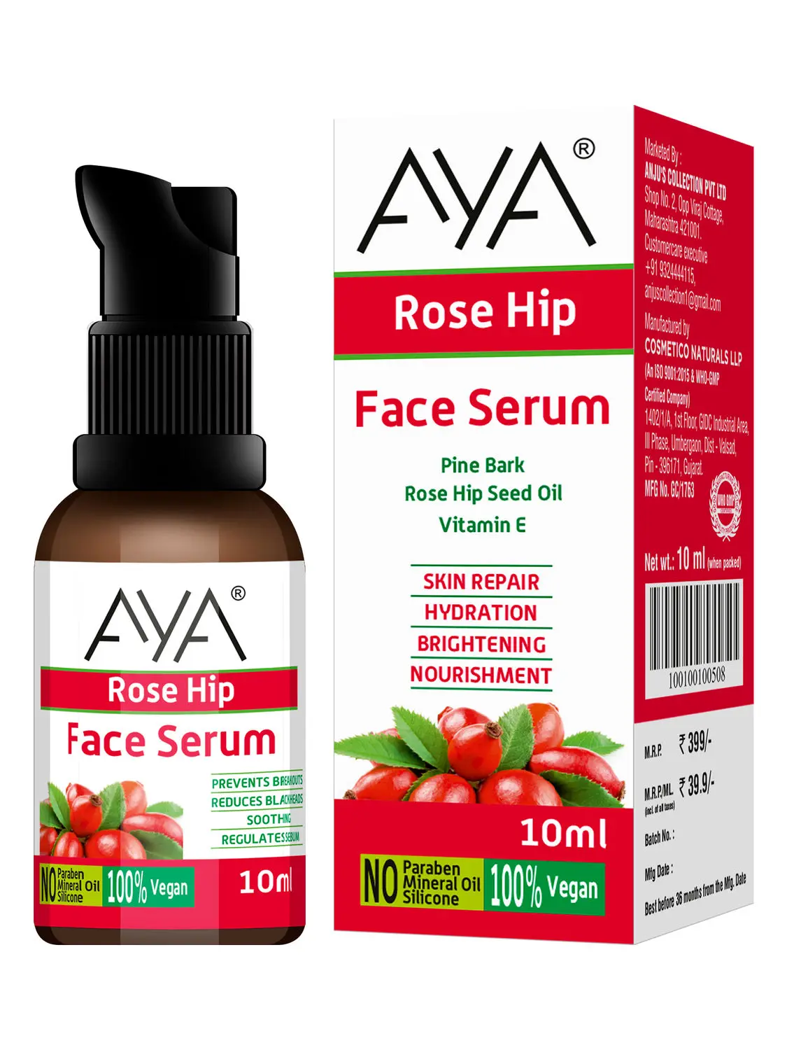 AYA Rosehip Face Serum (10 ml) | For Skin Repair, Hydration, Brightening and Nourishment | No Paraben, No Silicone, No Mineral Oil