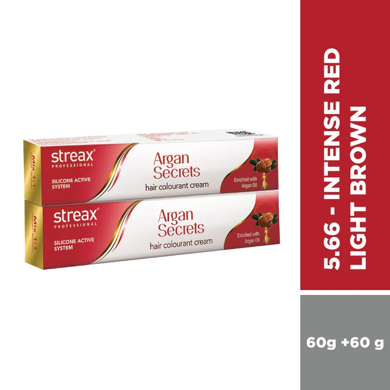 Streax Professional Argan Secret Hair Colourant Cream - Intense Red Light Brown 5.66 (Pack Of 2)