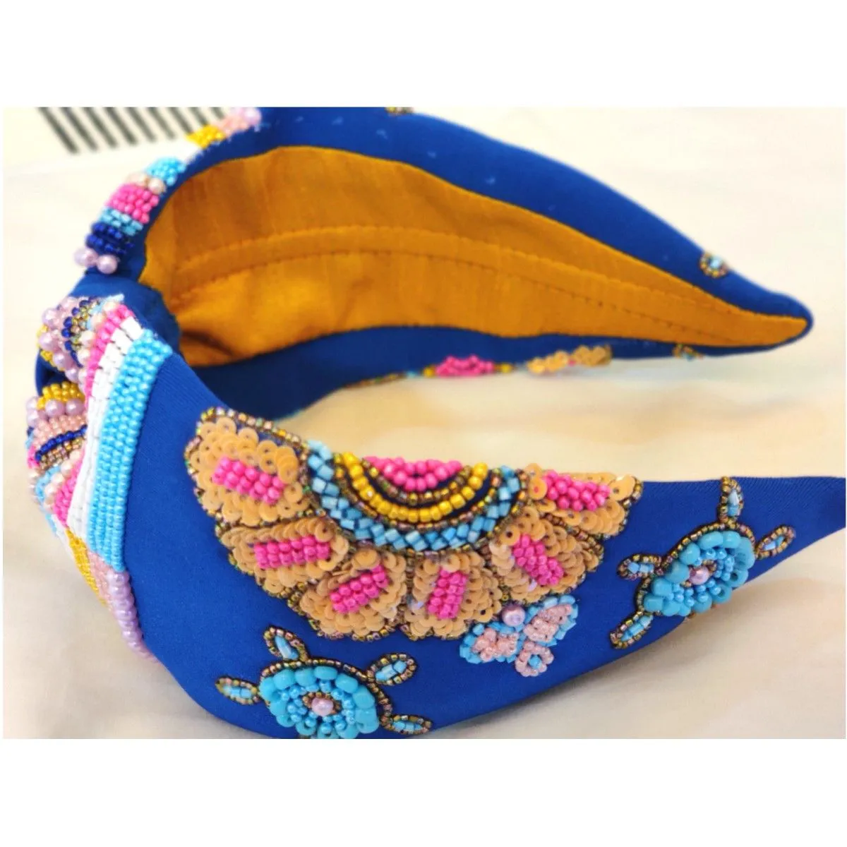 YoungWildFree Blue Embellished Hairband With Intricate Bead Handwork Embroidery Beach Theme