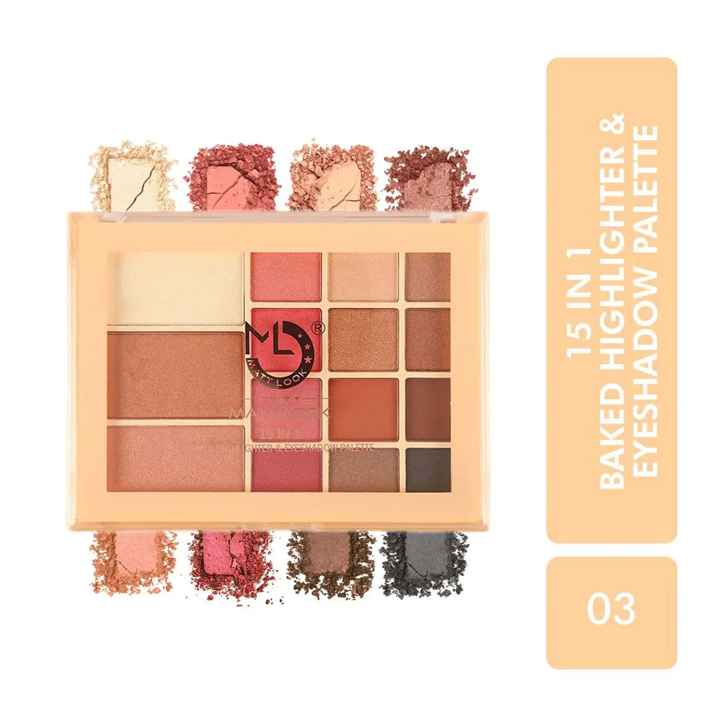 Matt look 15 in 1 Baked Highlighter & Eyeshadow Palette, Face Makeup, Multicolor-3 (33.6gm)