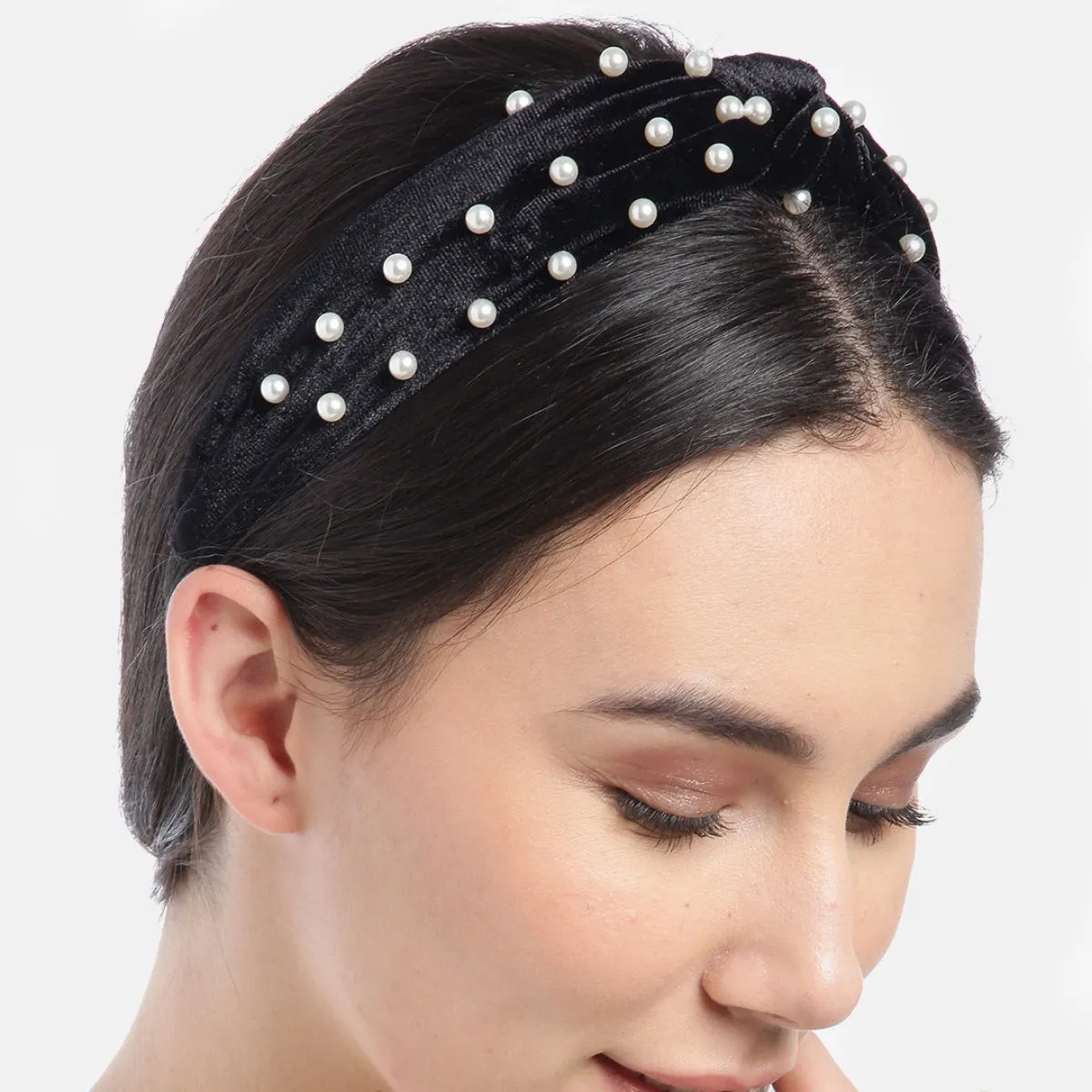 Blueberry Princess Pearl Embellished Black Velvet Knot Hair Band