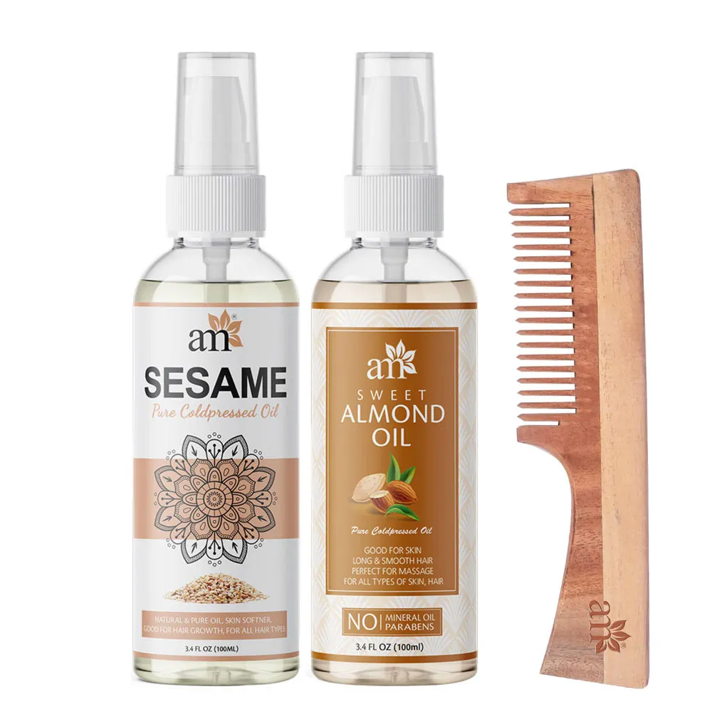 AromaMusk Organic 100% Pure Cold Pressed Sesame Sweet Almond Oil & Neem Wood Comb with Handle