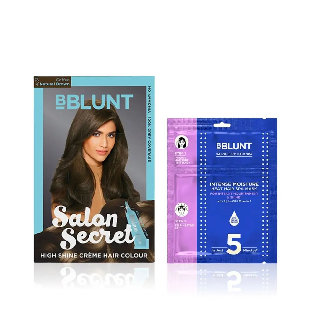 BBLUNT Salon Secret High Shine Creme Hair Colour Natural Brown 4.31 (100 g) With Shine Tonic (8 ml)+BBLUNT Intense Moisture Heat Hair Spa Mask with Jojoba Oil & Vitamin E - 70 gm